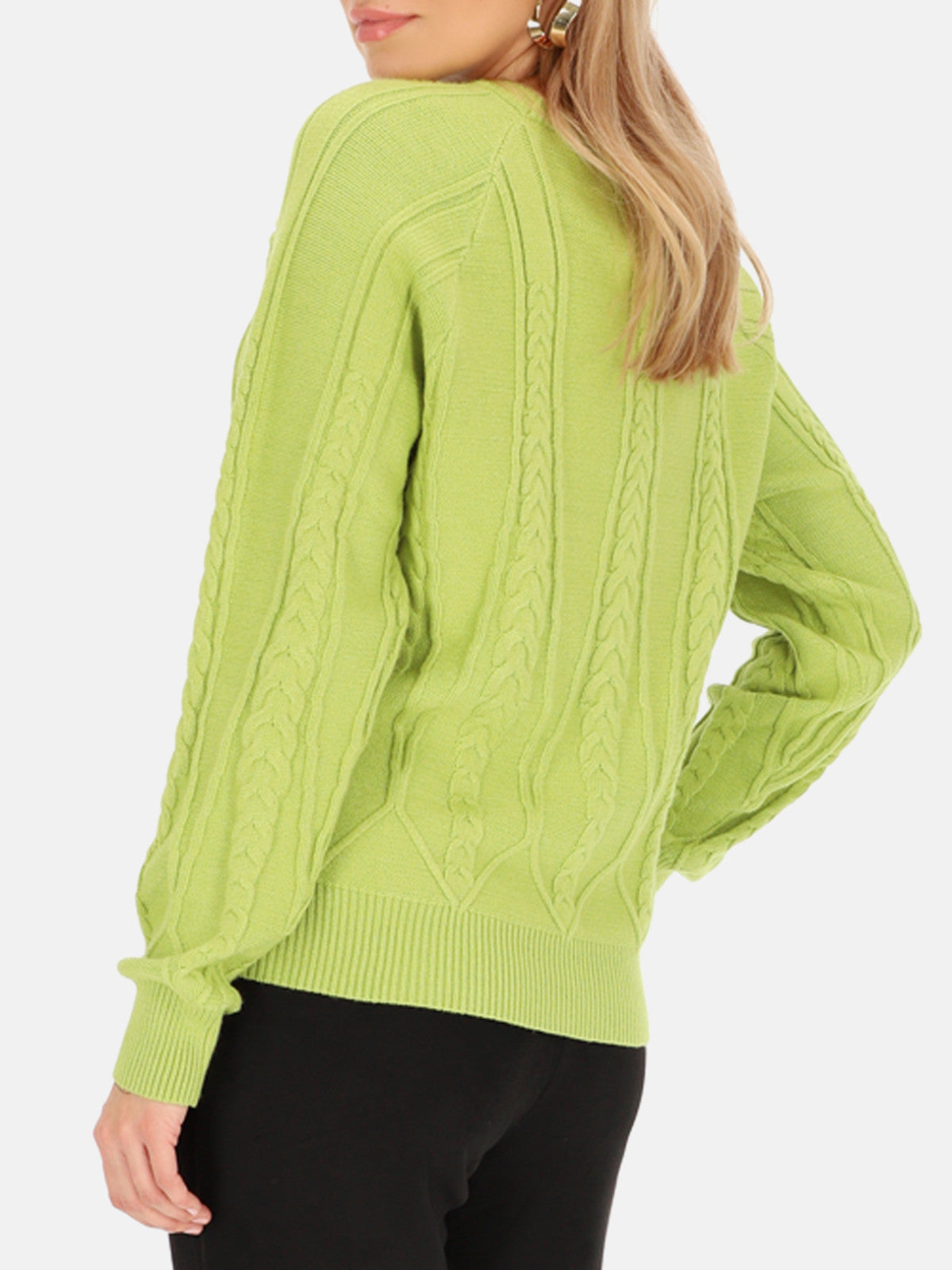 Limonkowy sweter damski ze wzorem plecionki Smashed Lemon 24635