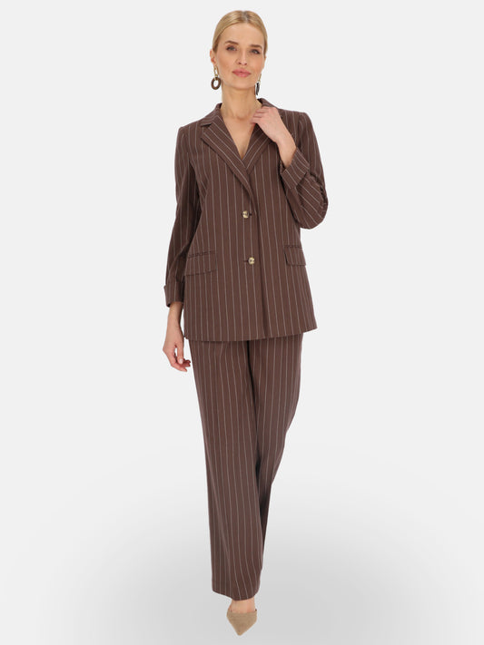 Marynarka damska brązowa w paski z paskiem L’AF Himena