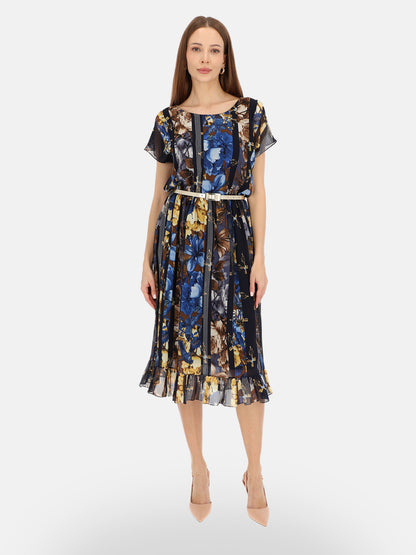 Elegancka granatowa sukienka w kwiatowy print midi na wyjście Isaure