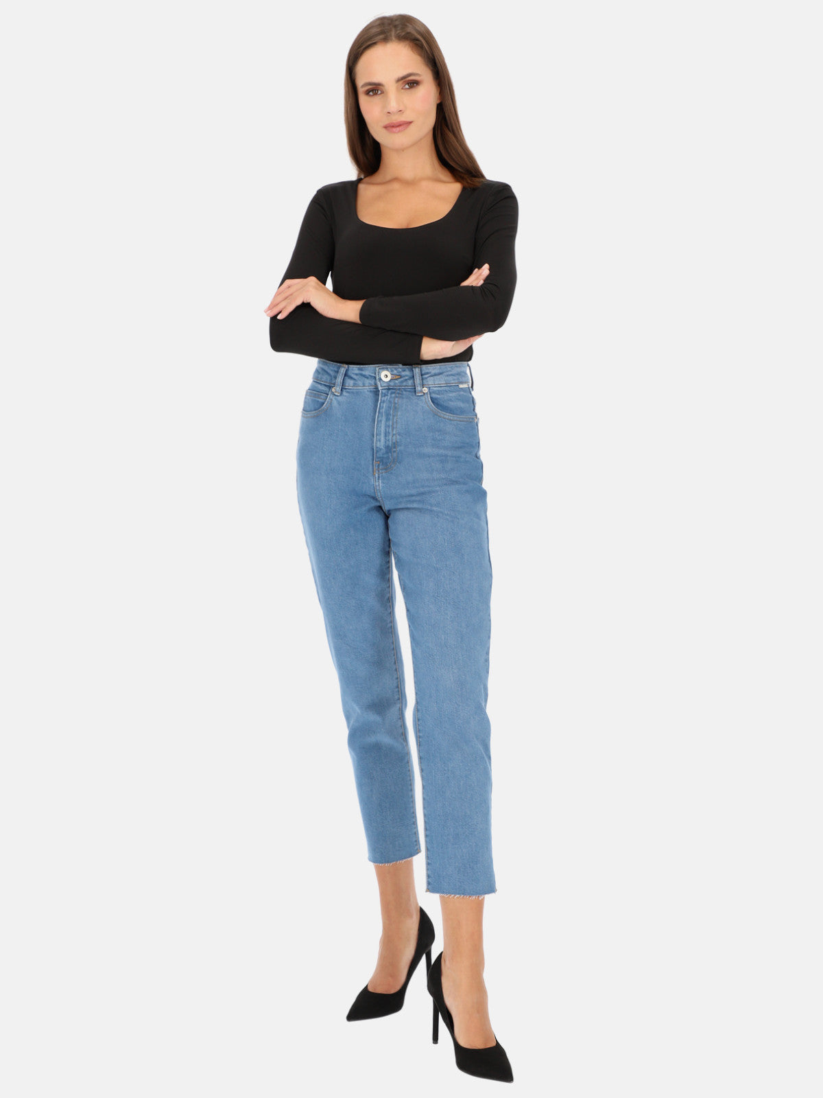 Damskie jeansy mom fit z surowym wykończeniem nogawek L'AF Taga