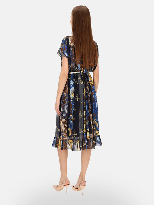 Elegancka granatowa sukienka w kwiatowy print midi na wyjście Isaure