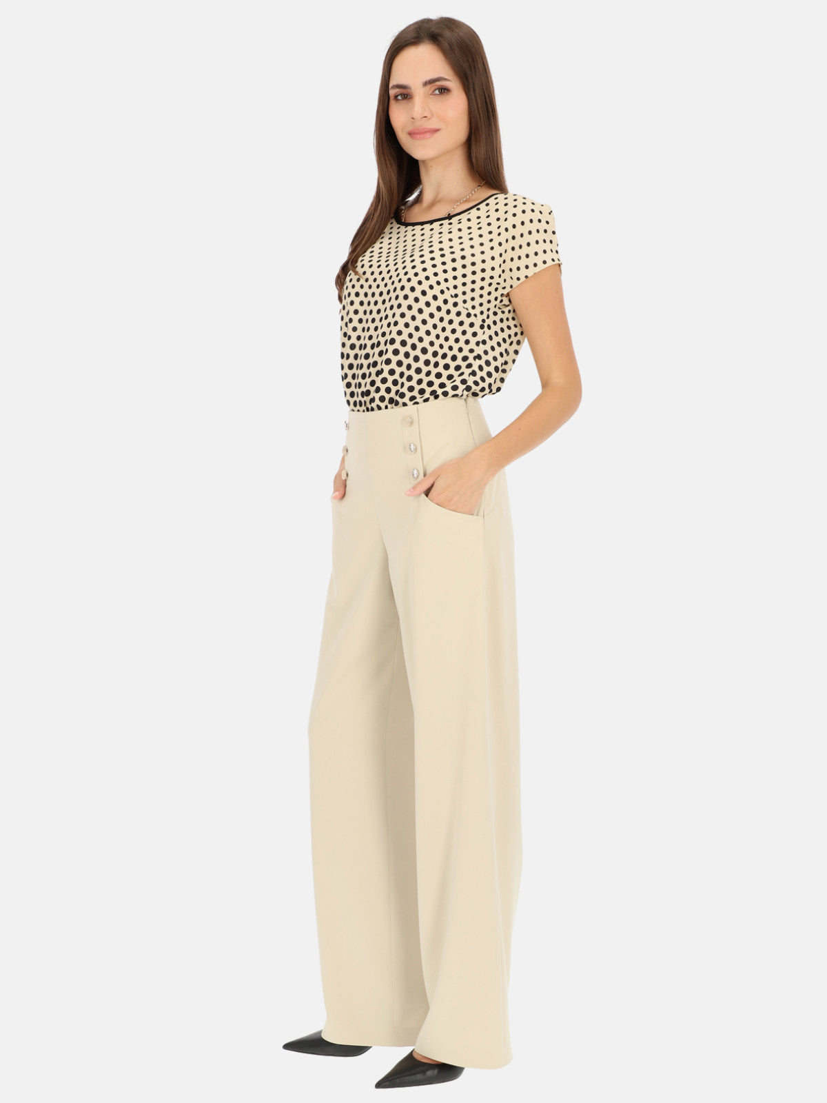 Beżowe spodnie damskie z wysokim stanem L'AF Marina