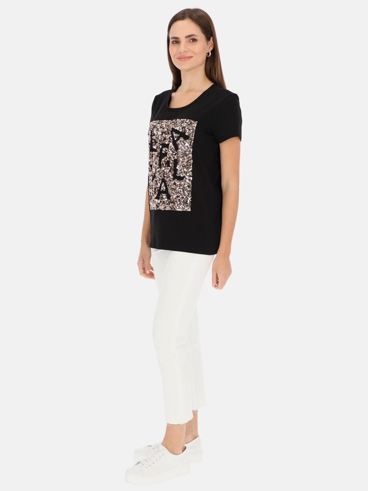 Czarny t-shirt damski z cekinową aplikacją L'AF Paris