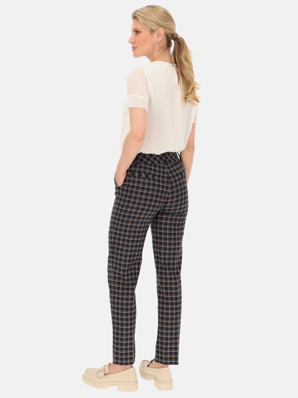 Granatowe spodnie w kratę z szerokim pasem Potis & Verso Max
