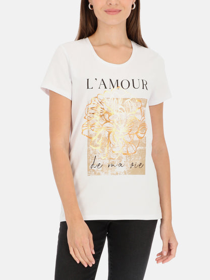 Dzianinowy t-shirt z połyskującym nadrukiem L'AF Tessa