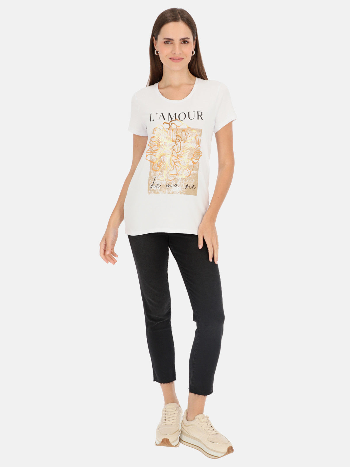 Dzianinowy t-shirt z połyskującym nadrukiem L'AF Tessa