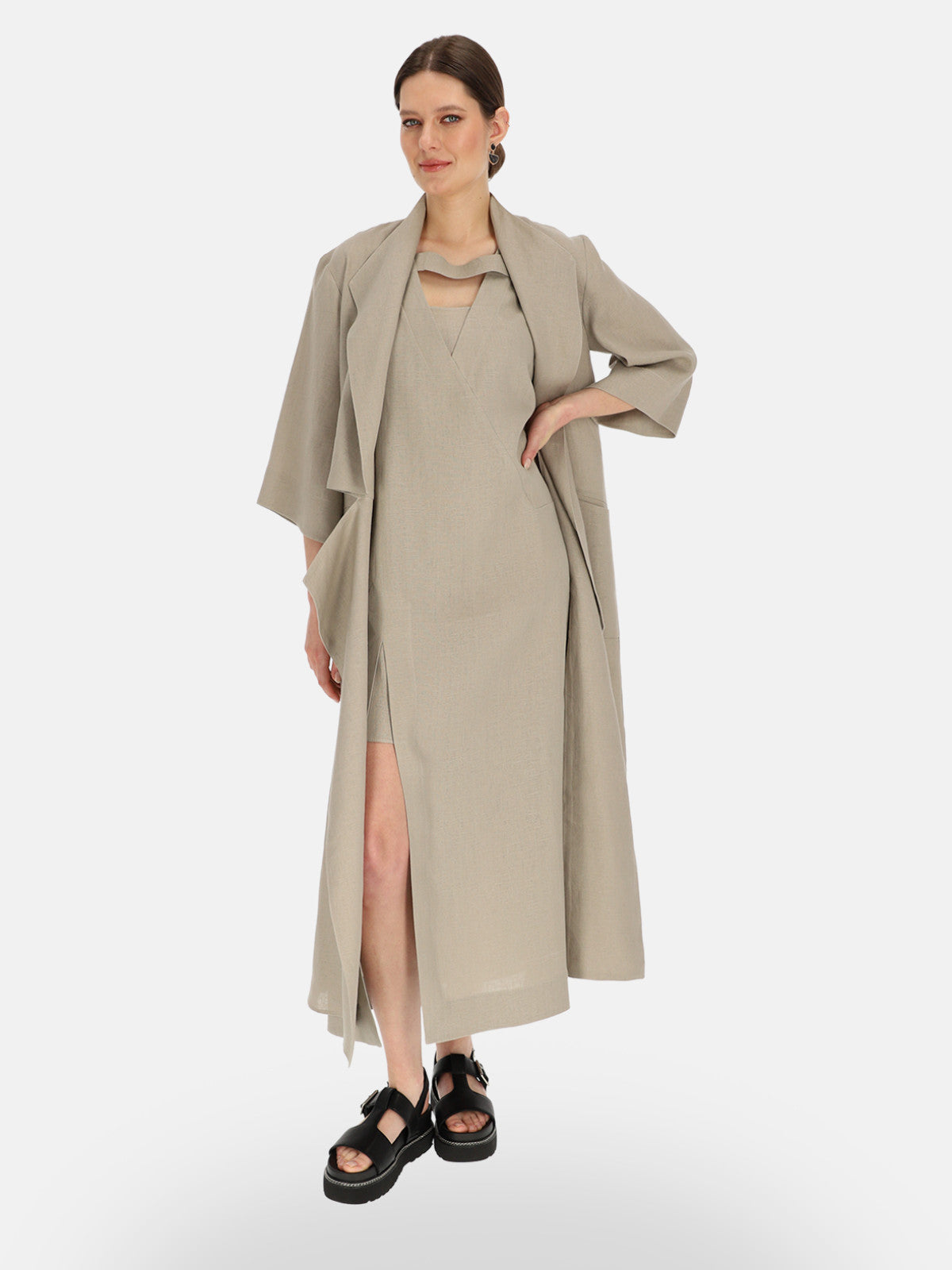 Szara lniana sukienka maxi z rozcięciem Eye For Fashion