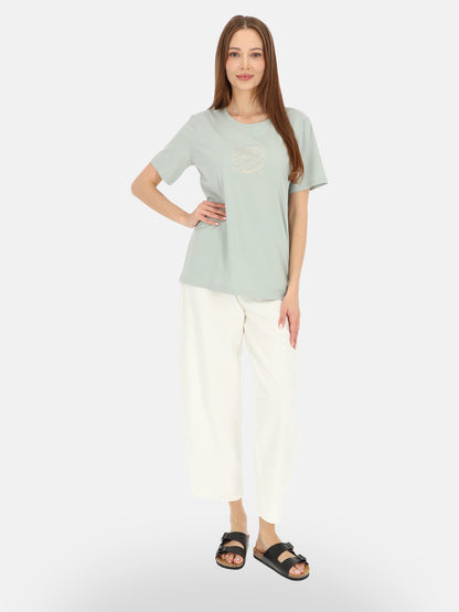 Pastelowy miętowy bawełniany t-shirt z subtelnym nadrukiem Mirena