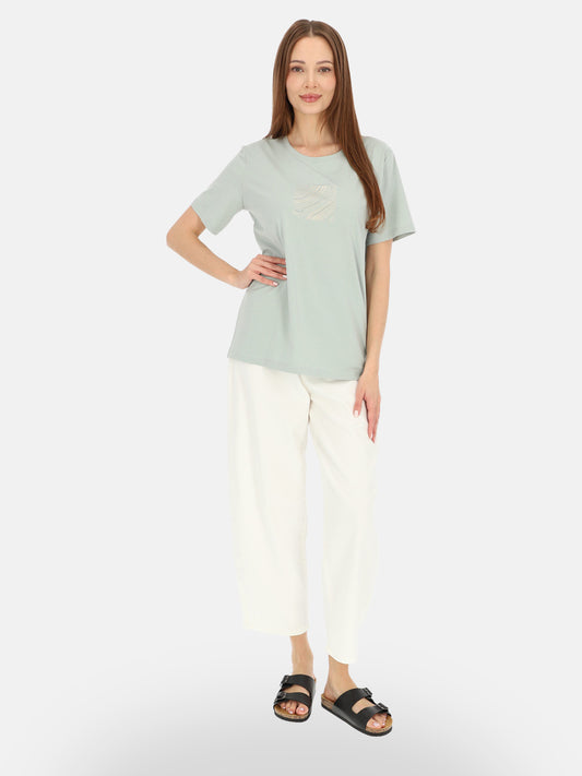 Pastelowy miętowy bawełniany t-shirt z subtelnym nadrukiem Mirena