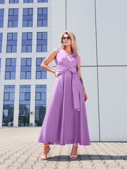 Lawendowa sukienka maxi z bawełny z wiązaniem EyeForFashion