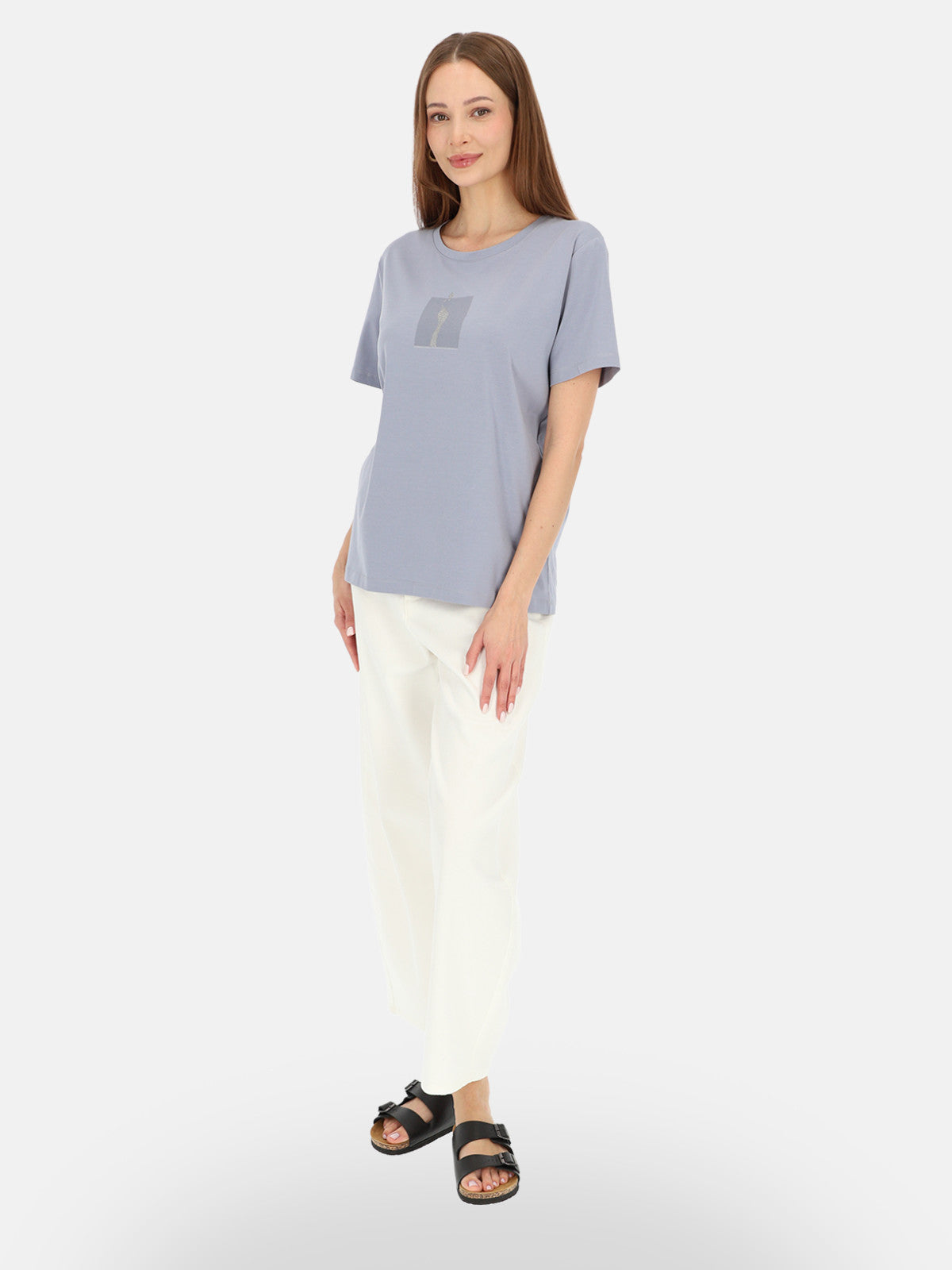 Modny błękitny bawełniany t-shirt z połyskującym nadrukiem Zoryana