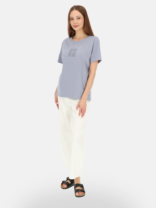 Modny błękitny bawełniany t-shirt z połyskującym nadrukiem Zoryana