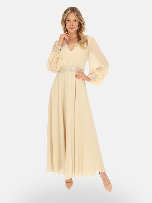 Wieczorowa beżowa elegancka gładka sukienka na wesele maxi Maribel
