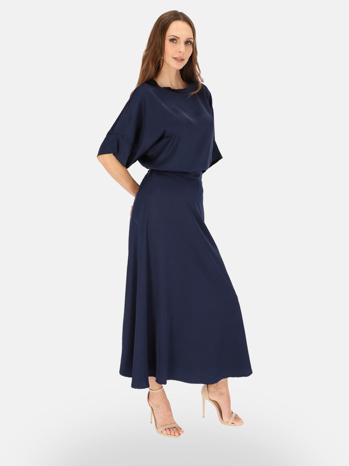 Elegancka granatowa satynowa spódnica maxi na wieczorne wyjścia Maelys