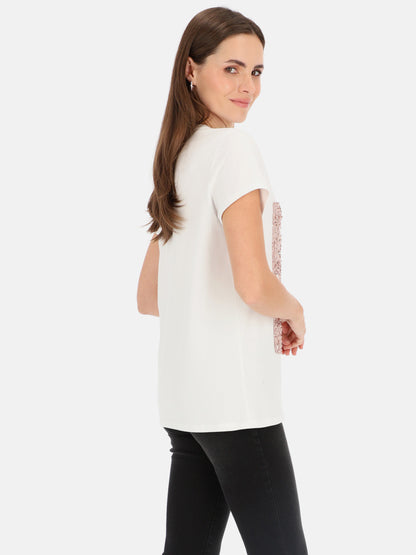 Biały t-shirt damski z cekinową aplikacją L'AF Paris