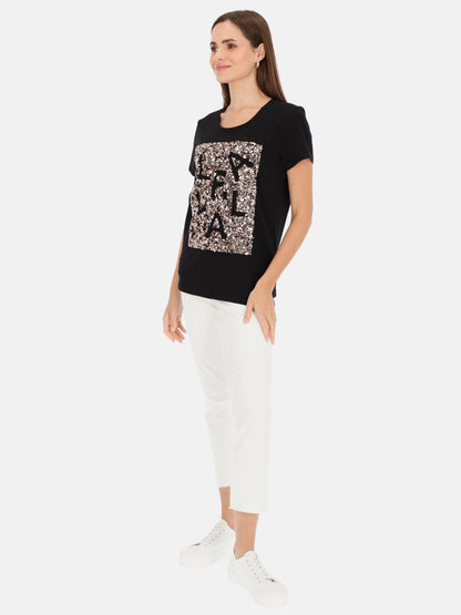Czarny t-shirt damski z cekinową aplikacją L'AF Paris