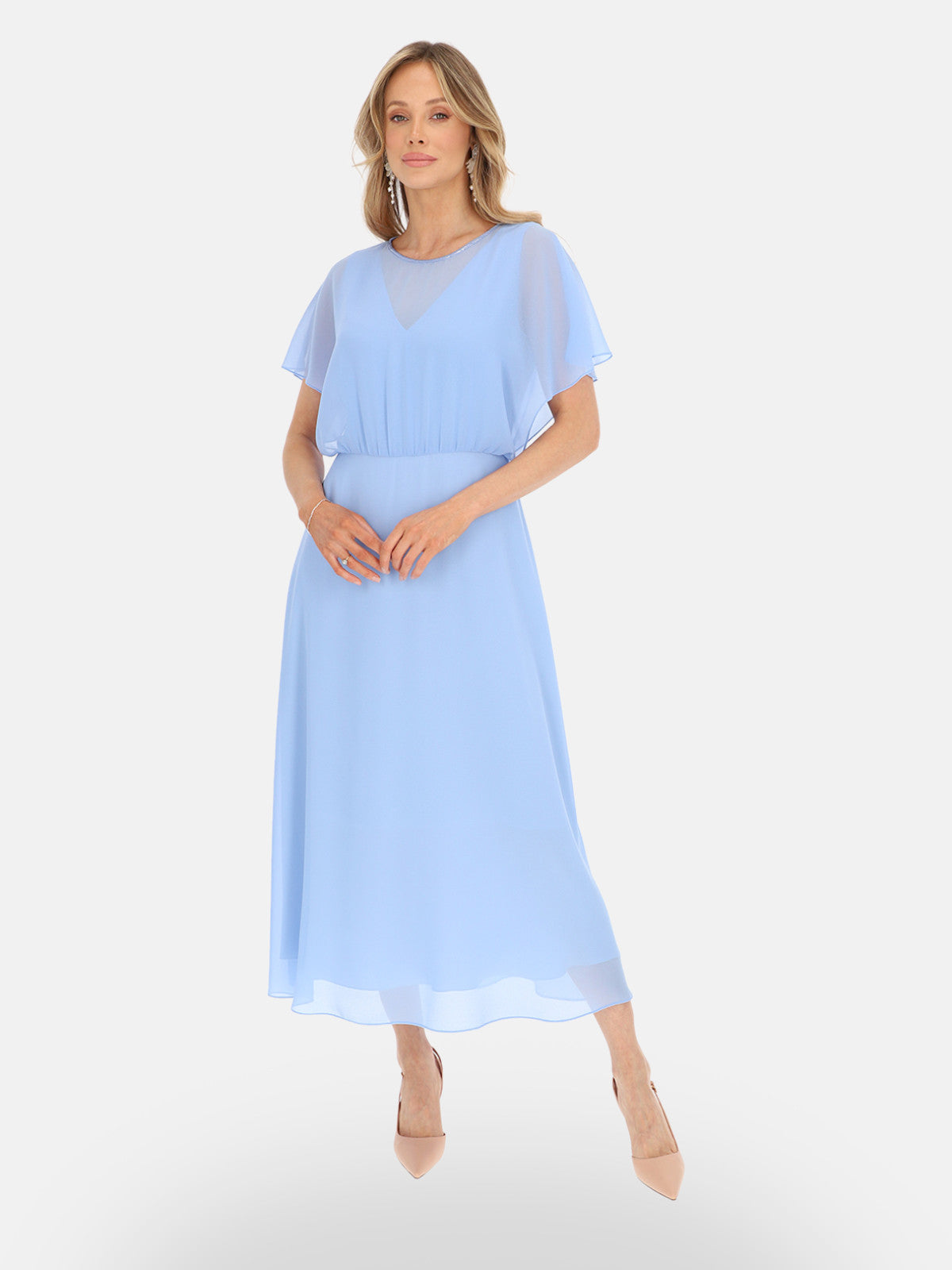 Zwiewna błękitna szyfonowa sukienka z połyskującą lamówką midi Sywilla
