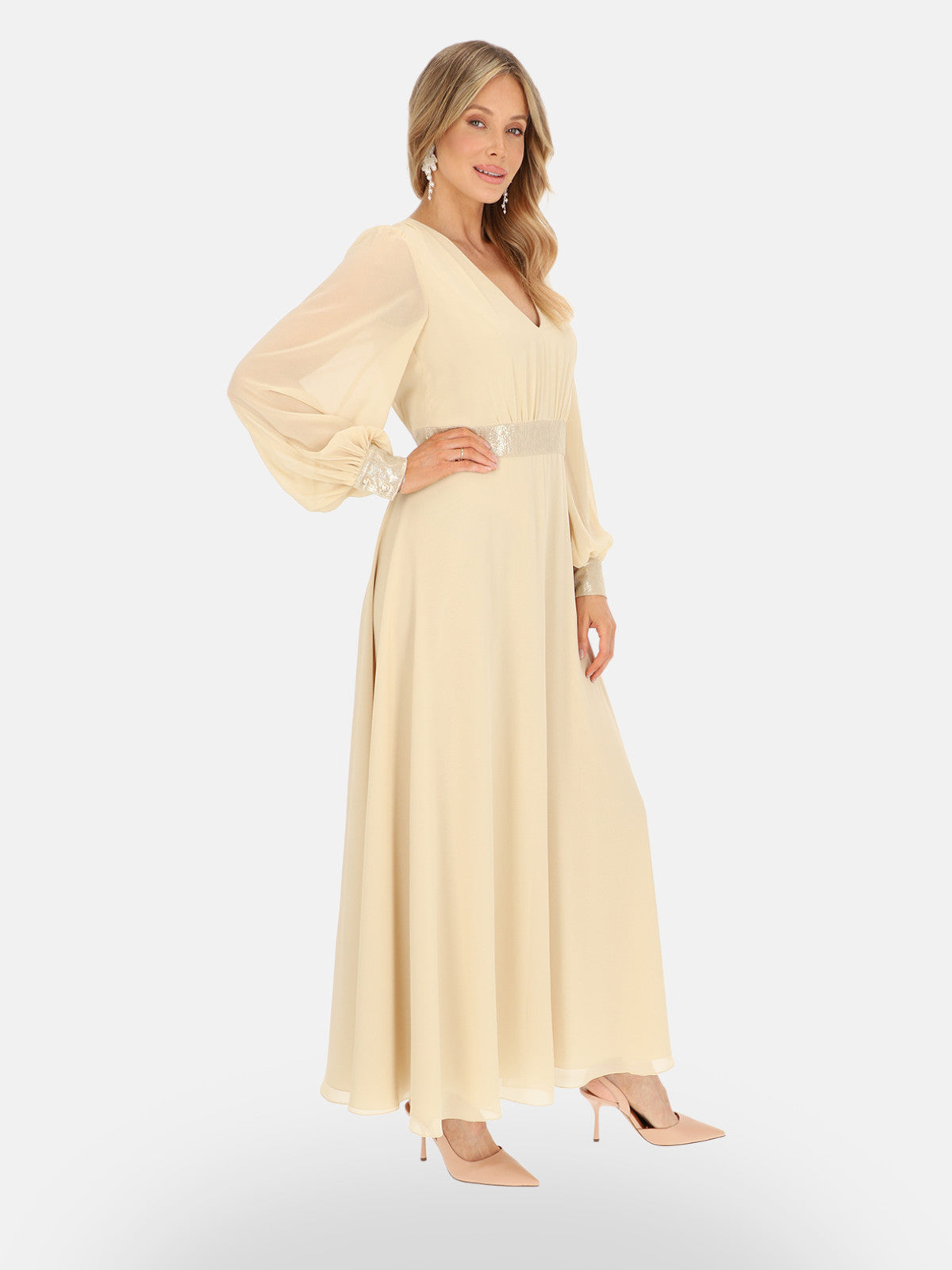 Wieczorowa beżowa elegancka gładka sukienka na wesele maxi Maribel