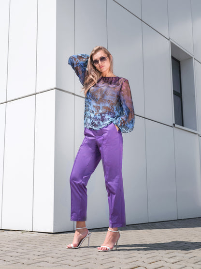 Bawełniane spodnie wizytowe damskie fioletowe EyeForFashion