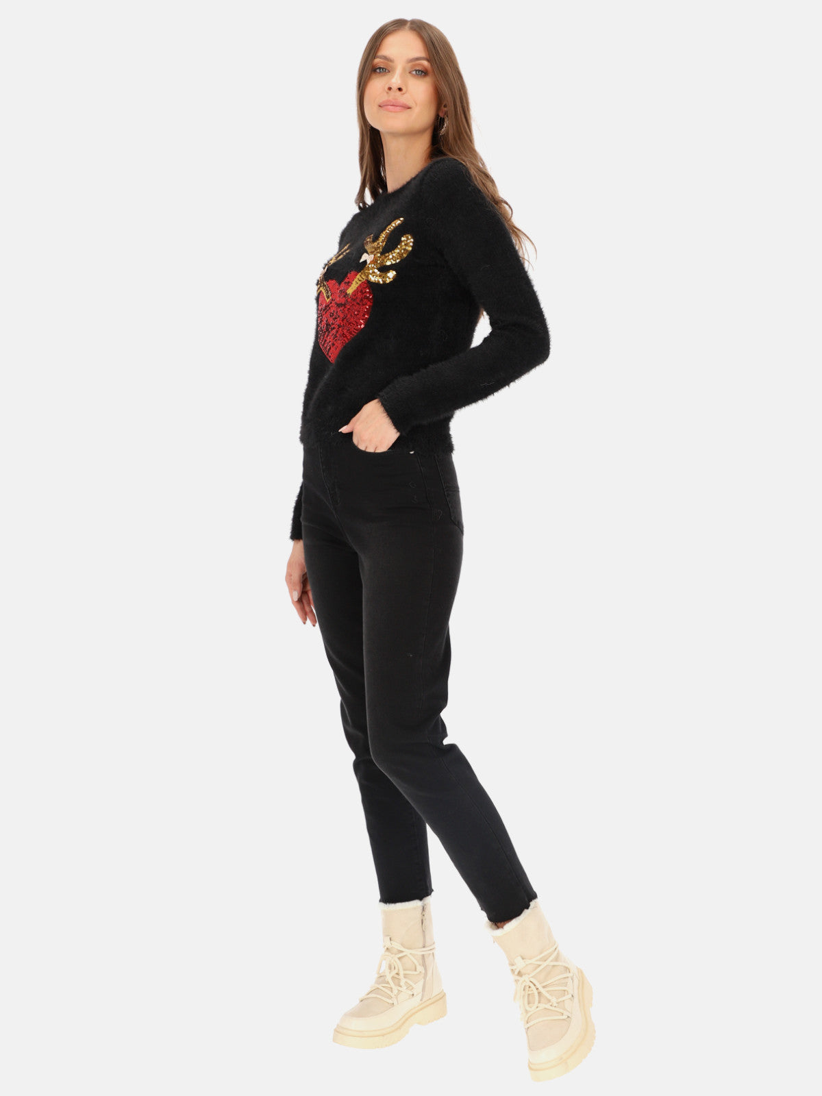 Czarny sweter z włochatej przędzy z aplikacją Eye For Fashion Jessi