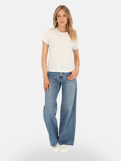 Lekki śmietankowy lniany casualowy damski t-shirt na lato Barbara
