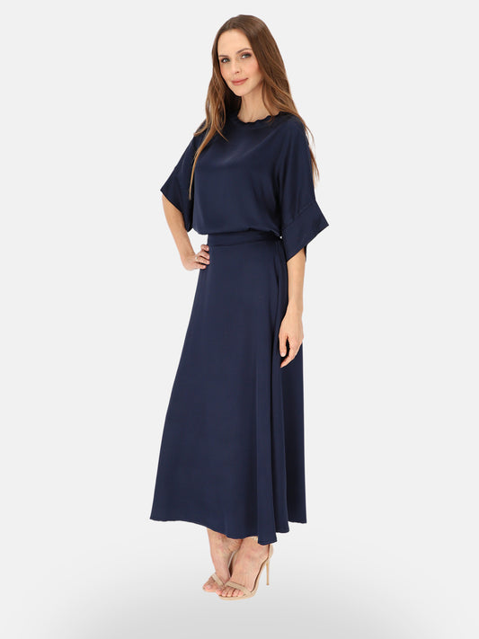 Elegancka granatowa satynowa spódnica maxi na wieczorne wyjścia Maelys