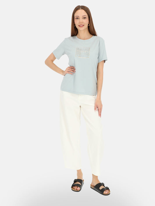 Odświeżający miętowy bawełniany t-shirt damski z nadrukiem Fabiana