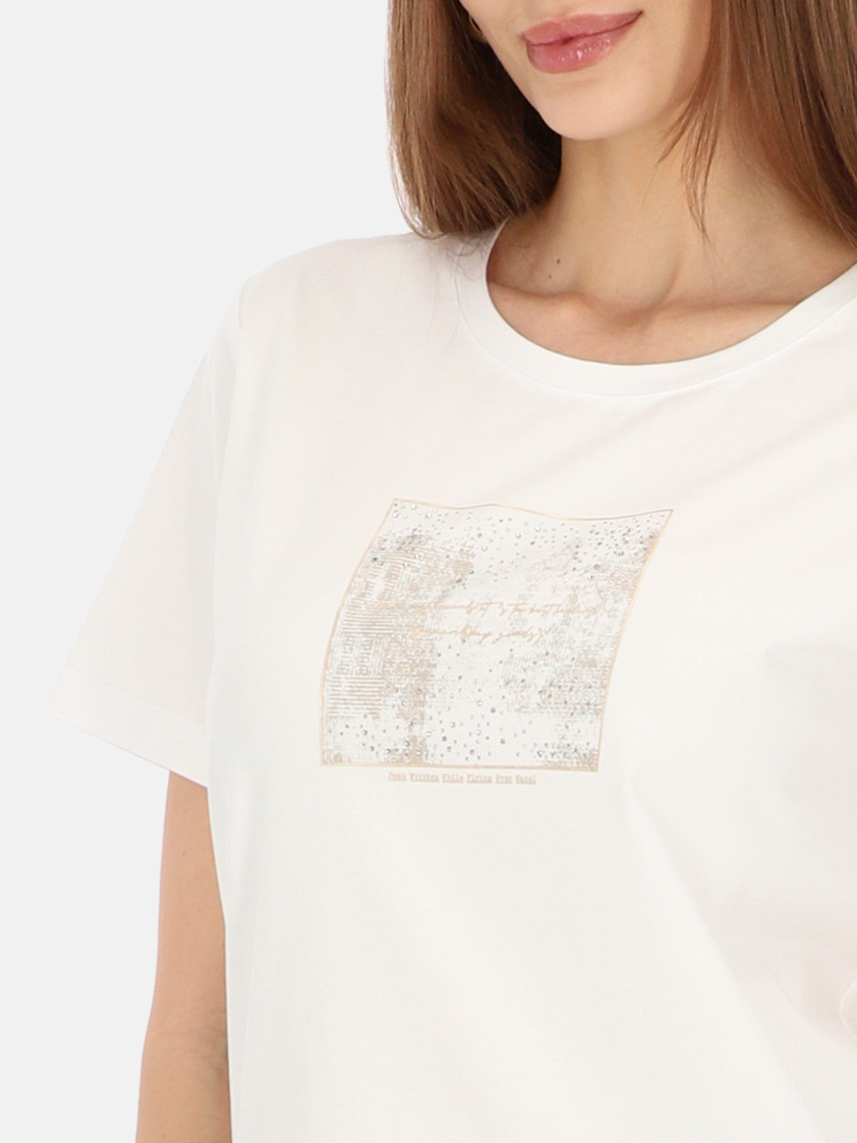 Minimalistyczny biały bawełniany t-shirt z połyskującym nadrukiem Chiara