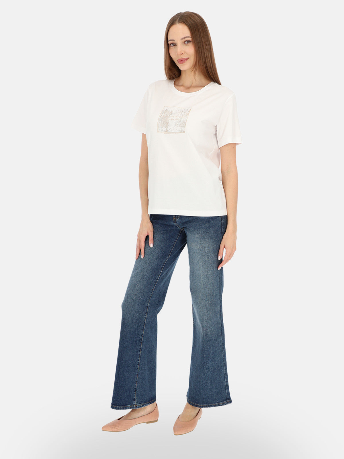 Minimalistyczny biały bawełniany t-shirt z połyskującym nadrukiem Chiara