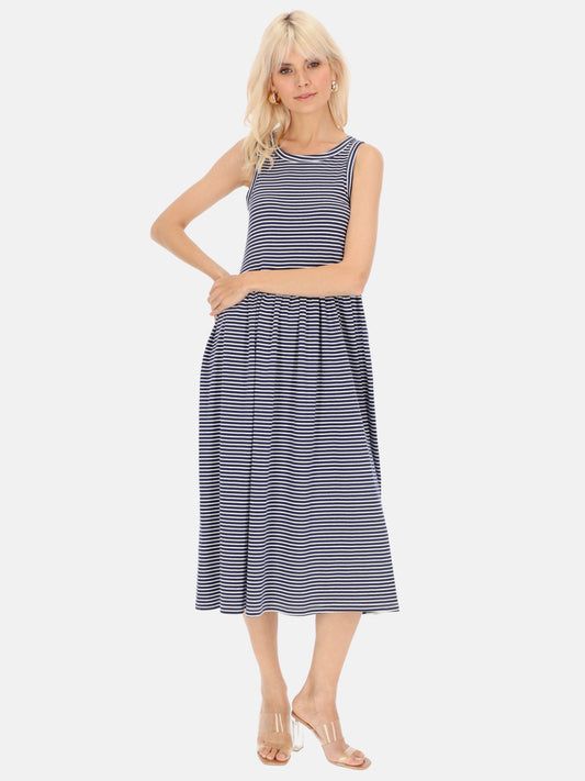 Granatowo-biała sukienka midi w paski Eye For Fashion Ida