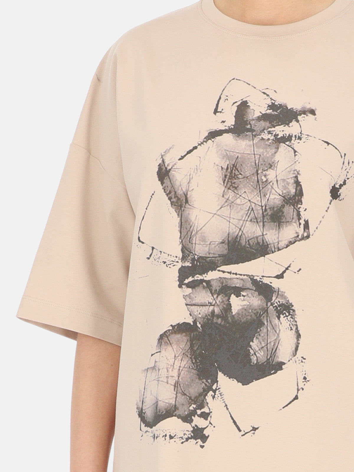 Beżowy T-shirt damski z artystycznym nadrukiem Eye For Fashion