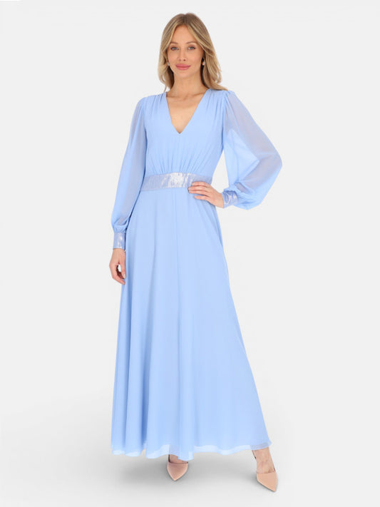 Wieczorowa błękitna elegancka gładka sukienka na wesele maxi Liliosa