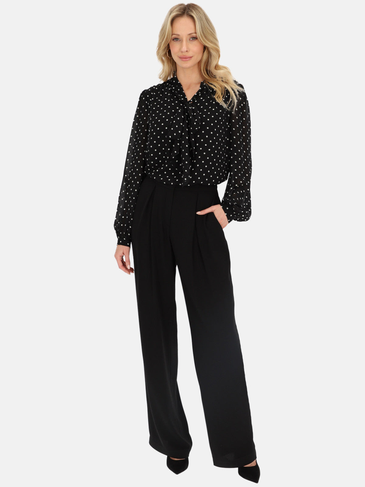 Czarna bluzka w białe groszki z szarfą L'AF Silva