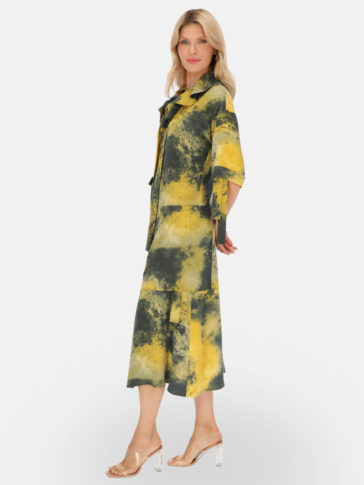 Sukienka koszulowa w oliwkowo-żółty wzór tie-dye EyeForFashion