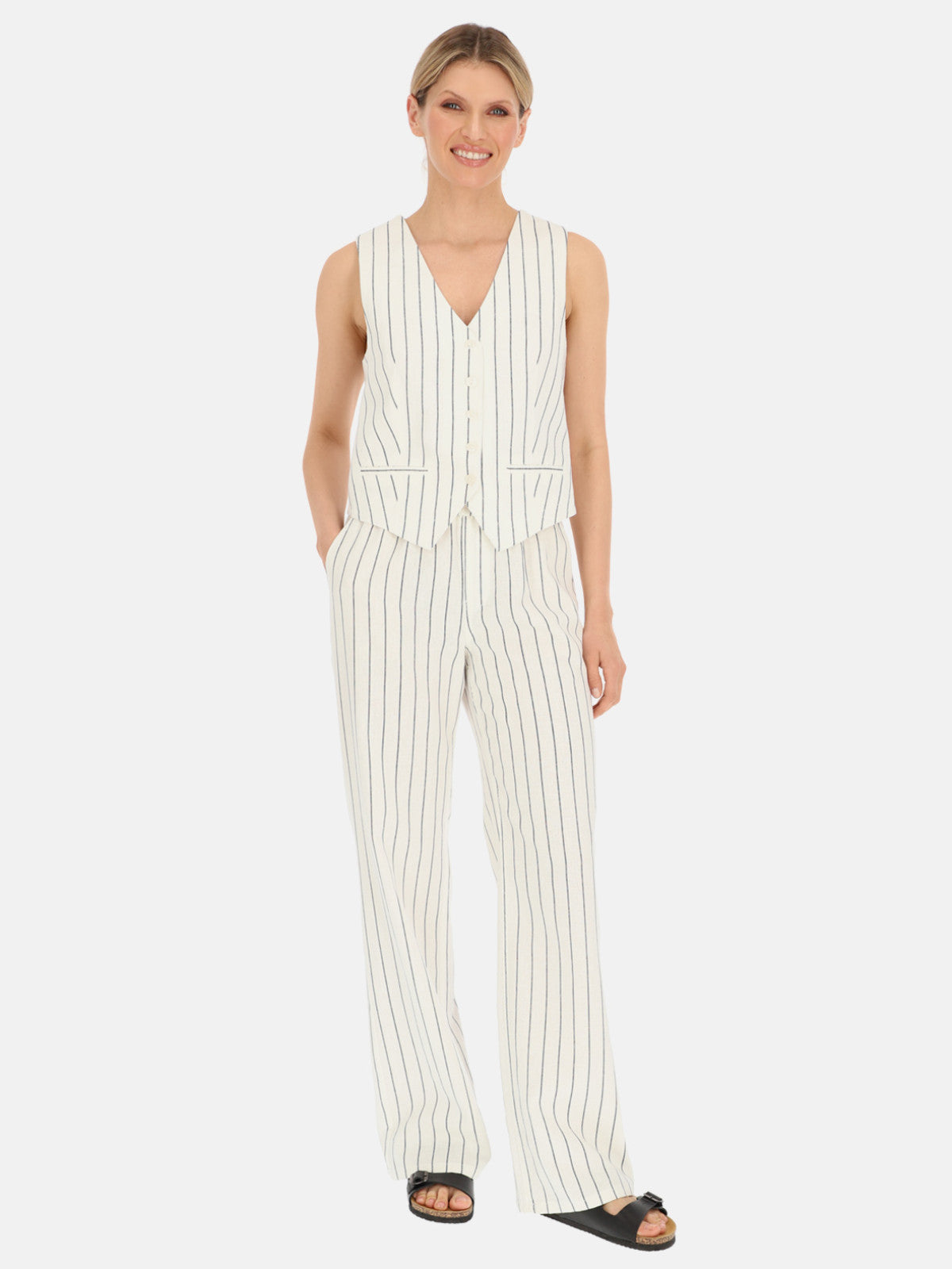 Kremowa kamizelka damska w paski Red Button Waistcoat