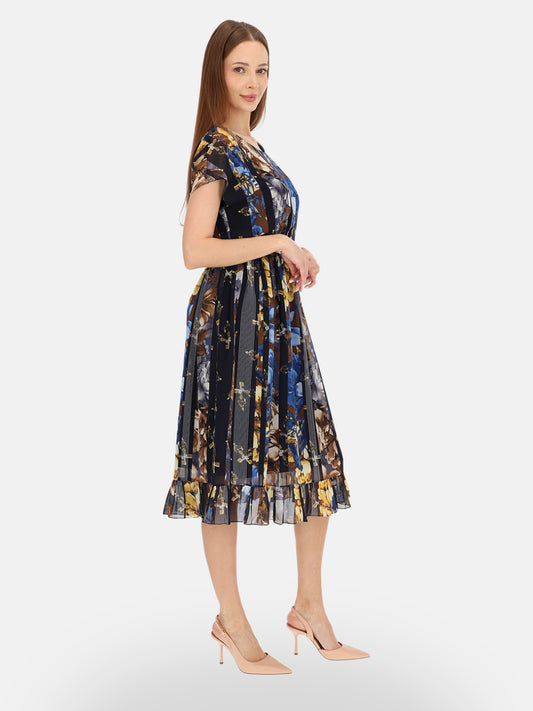 Elegancka granatowa sukienka w kwiatowy print midi na wyjście Isaure