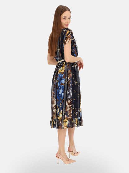 Elegancka granatowa sukienka w kwiatowy print midi na wyjście Isaure