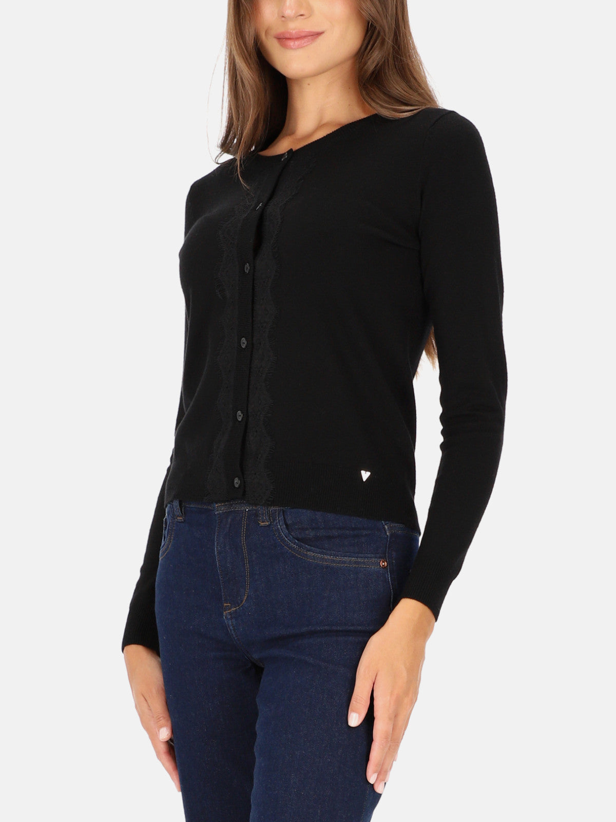 Czarny krótki kardigan na guziki z koronką L'AF Rima