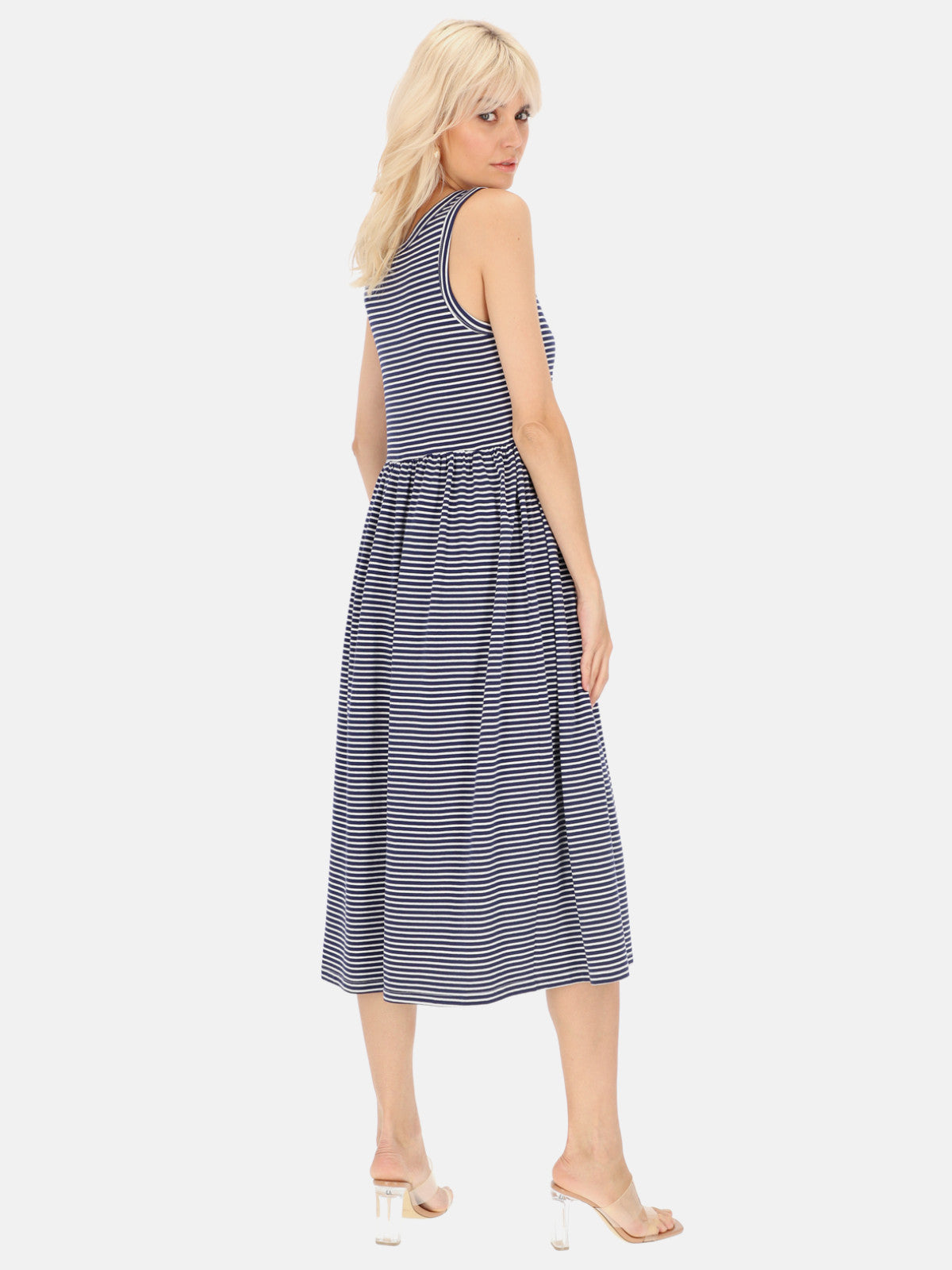 Granatowo-biała sukienka midi w paski Eye For Fashion Ida