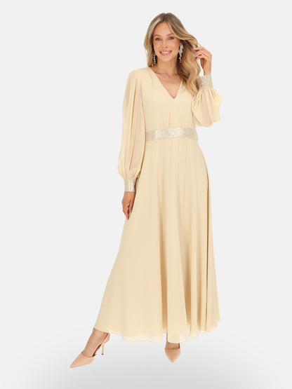 Wieczorowa beżowa elegancka gładka sukienka na wesele maxi Maribel