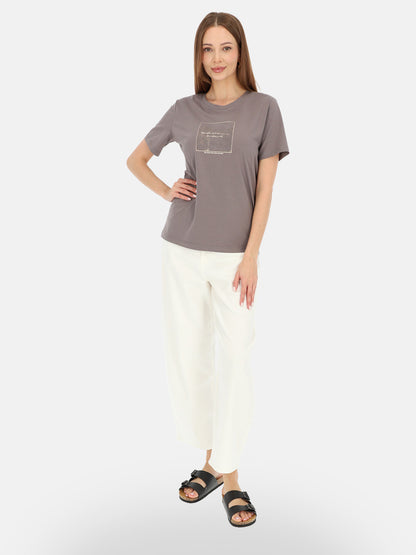 Minimalistyczny szary bawełniany t-shirt damski z nadrukiem Melisa