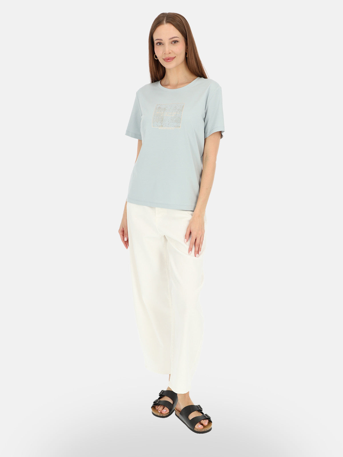 Odświeżający miętowy bawełniany t-shirt damski z nadrukiem Fabiana
