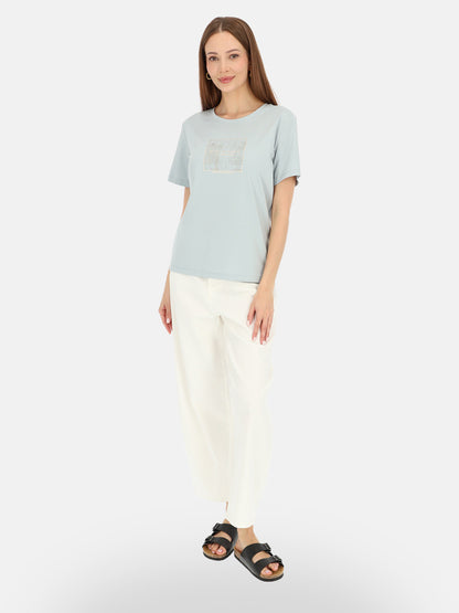 Odświeżający miętowy bawełniany t-shirt damski z nadrukiem Fabiana