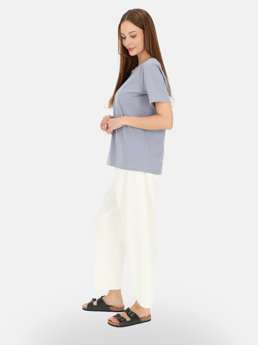 Modny błękitny bawełniany t-shirt z połyskującym nadrukiem Zoryana