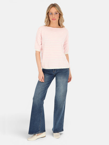 Kobiecy kremowy bawełniany sweter w różowe paski regularny Gaja