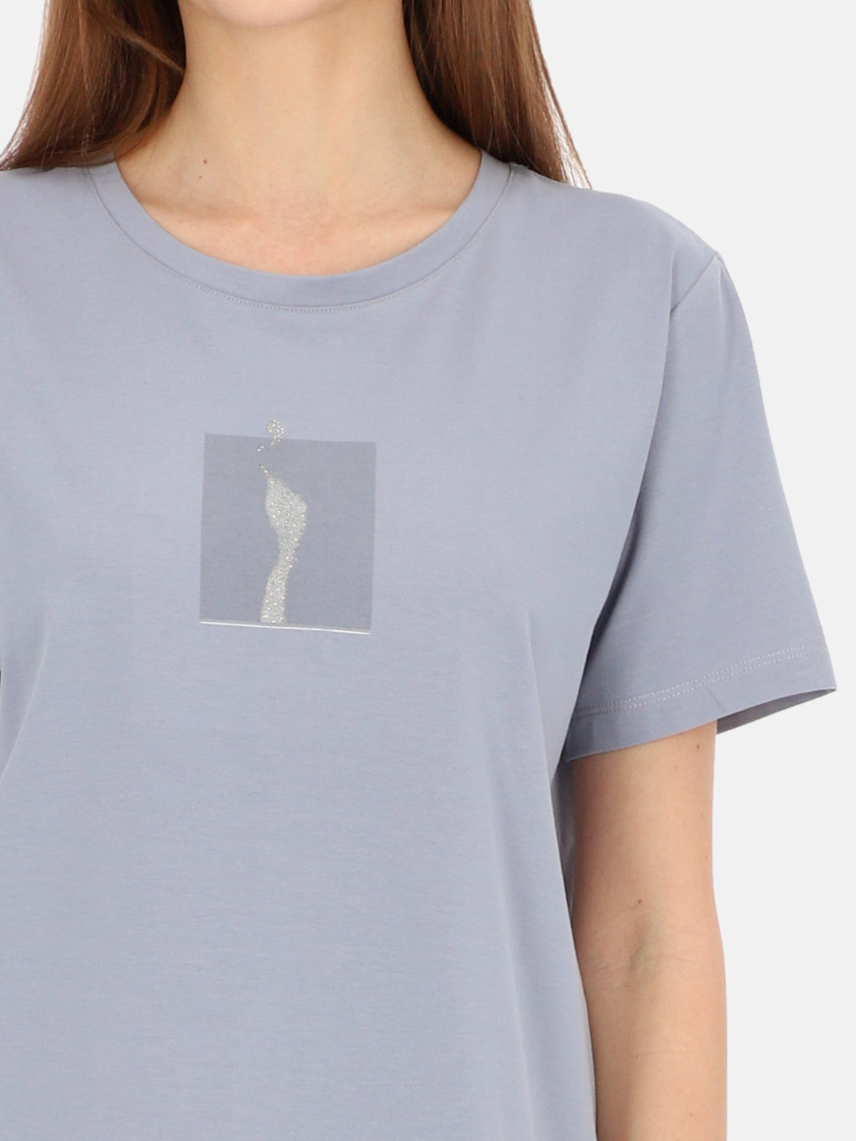 Modny błękitny bawełniany t-shirt z połyskującym nadrukiem Zoryana