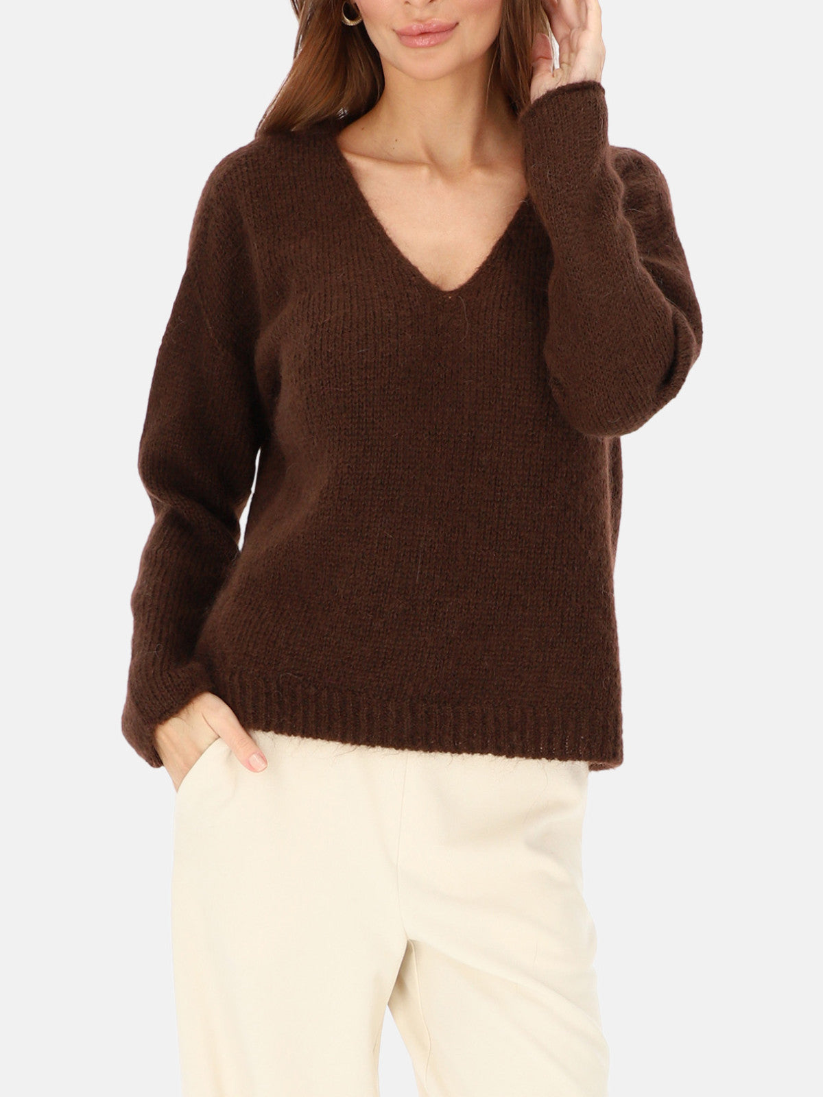 Brązowy sweter z włoskiej dzianiny z moherem L’AF Nelli