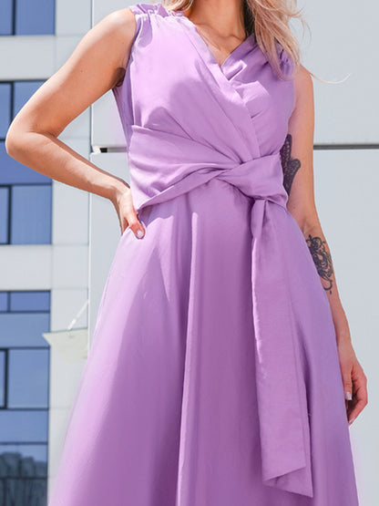 Lawendowa sukienka maxi z bawełny z wiązaniem EyeForFashion