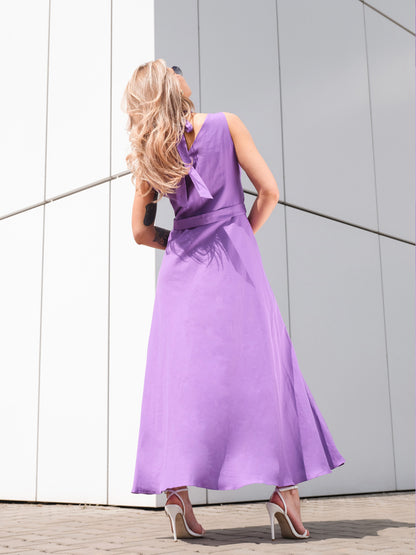 Lawendowa sukienka maxi z bawełny z wiązaniem EyeForFashion