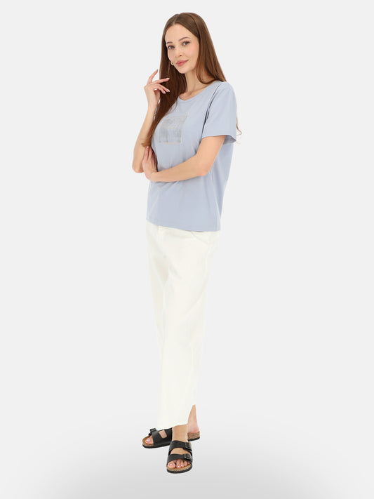 Stylowy błękitny bawełniany t-shirt damski z nadrukiem Tina